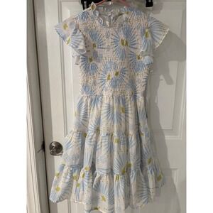 J Marie Smocked Tiered Mini Dress Light Blue & Yellow XS